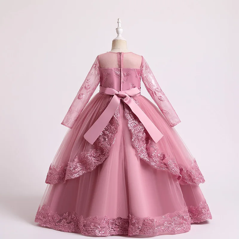 Teens Girls Lace Long Sleeve Princess Dress Kids Beaded Christmas Evening Party Gown Flower Girls Wedding Dress
