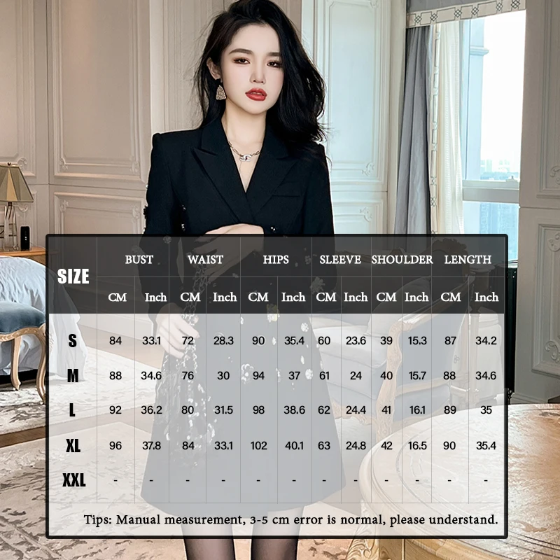 ZYHT 10839 Fashion Double Breasted Sequins Office Ladies Blazer Mini Dress Diamond Decor Lapel Blazer Coat