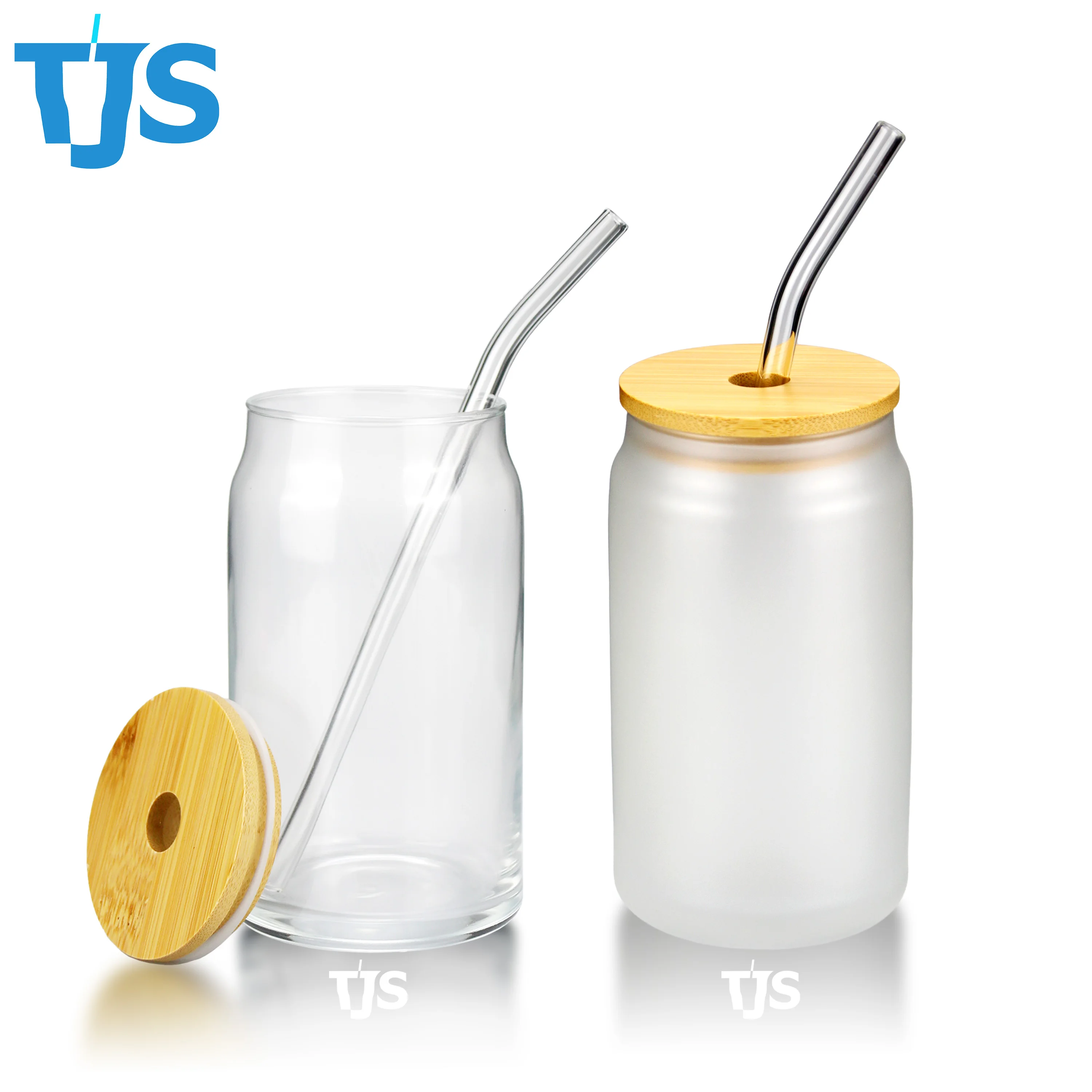 TJS 12oz 16oz Sublimation Glass Beer Mug Clear Glass Frosted Glass Can Coffee Mug With Bamboo Lid and Straw