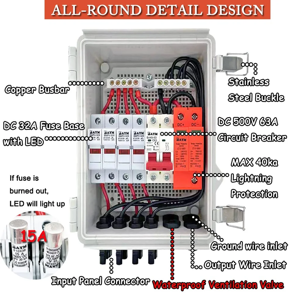 BAYM Solar PV Combiner Box With Lightning Protection 15A 4strings 600V For Solar Panel Circuit Breaker panel solar