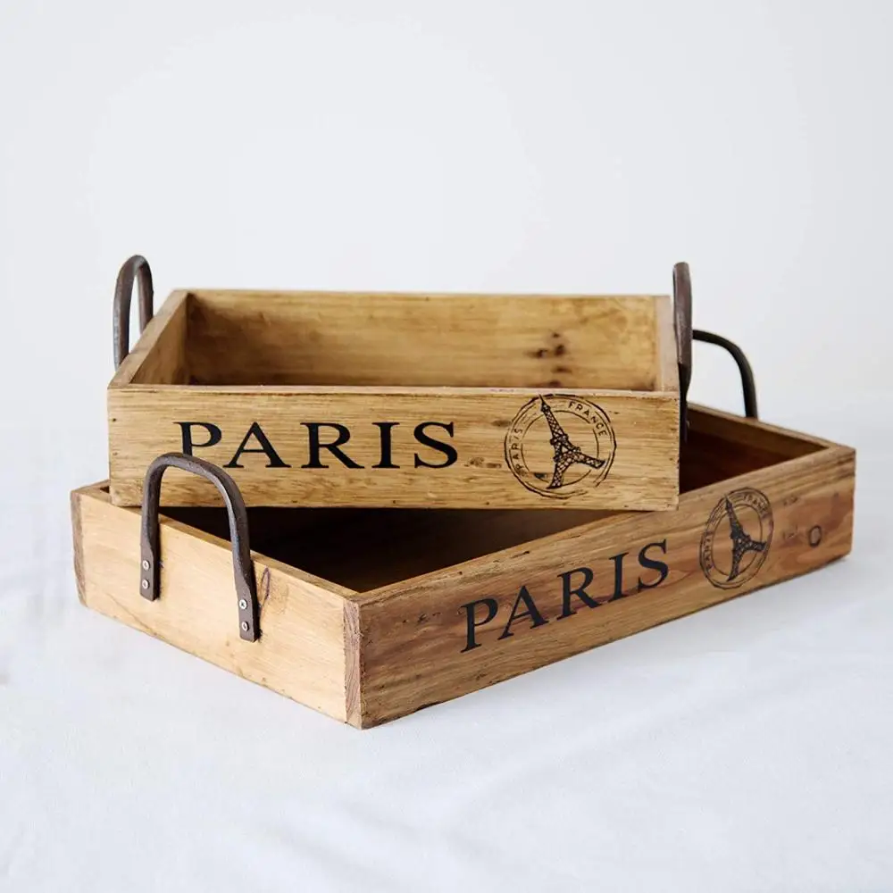 
Madulkelle Paris Trays Set of 2 Rustic Wooden Trays with Cast Iron Handles 