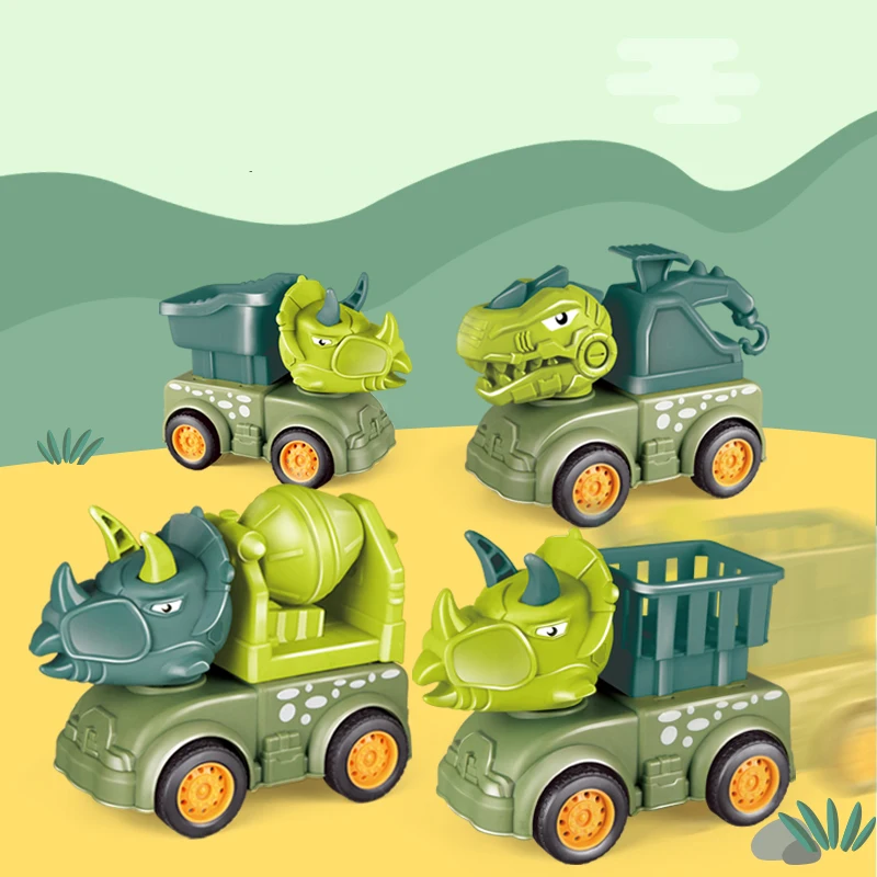 2022 new design simulation six style cartoon press slide dinosaur engineering vehicle toys  inertia car boy truck toys for kids