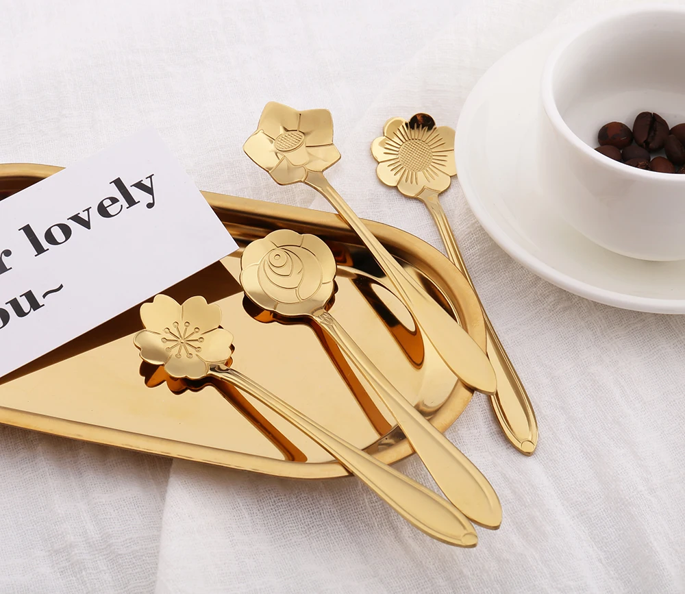 
new design flower shape rose gold stainless steel flatware set coffee spoon tea spoon for hotel restaurant 