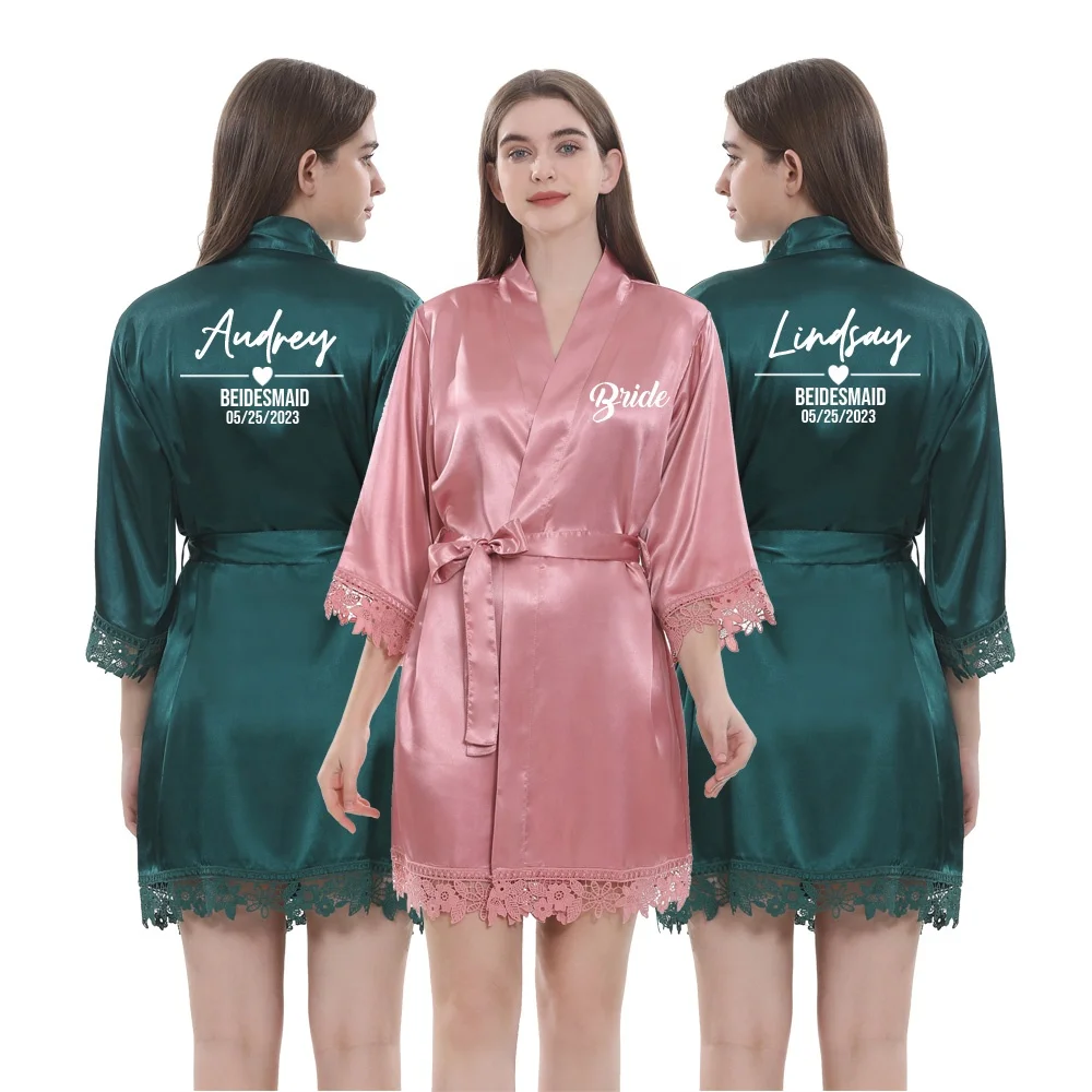 Plus Size Wedding for Bride Bridesmaids Women High Quality with Lace Trim Luxury Bridal Silk Satin Kimono Robes Morning Gowns