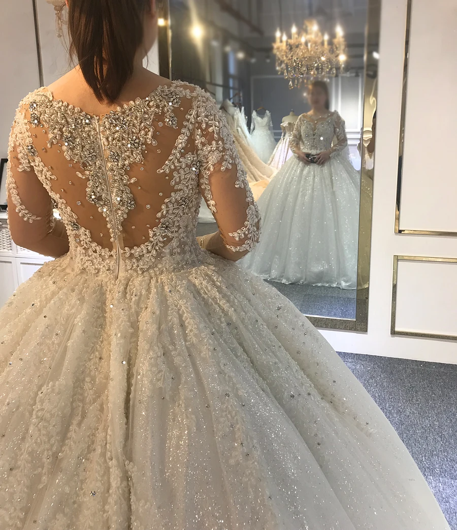 2022 Muslim Wedding Dress Elegant Lace Long Sleeve Sequin Pearl Ladies Prom Dress