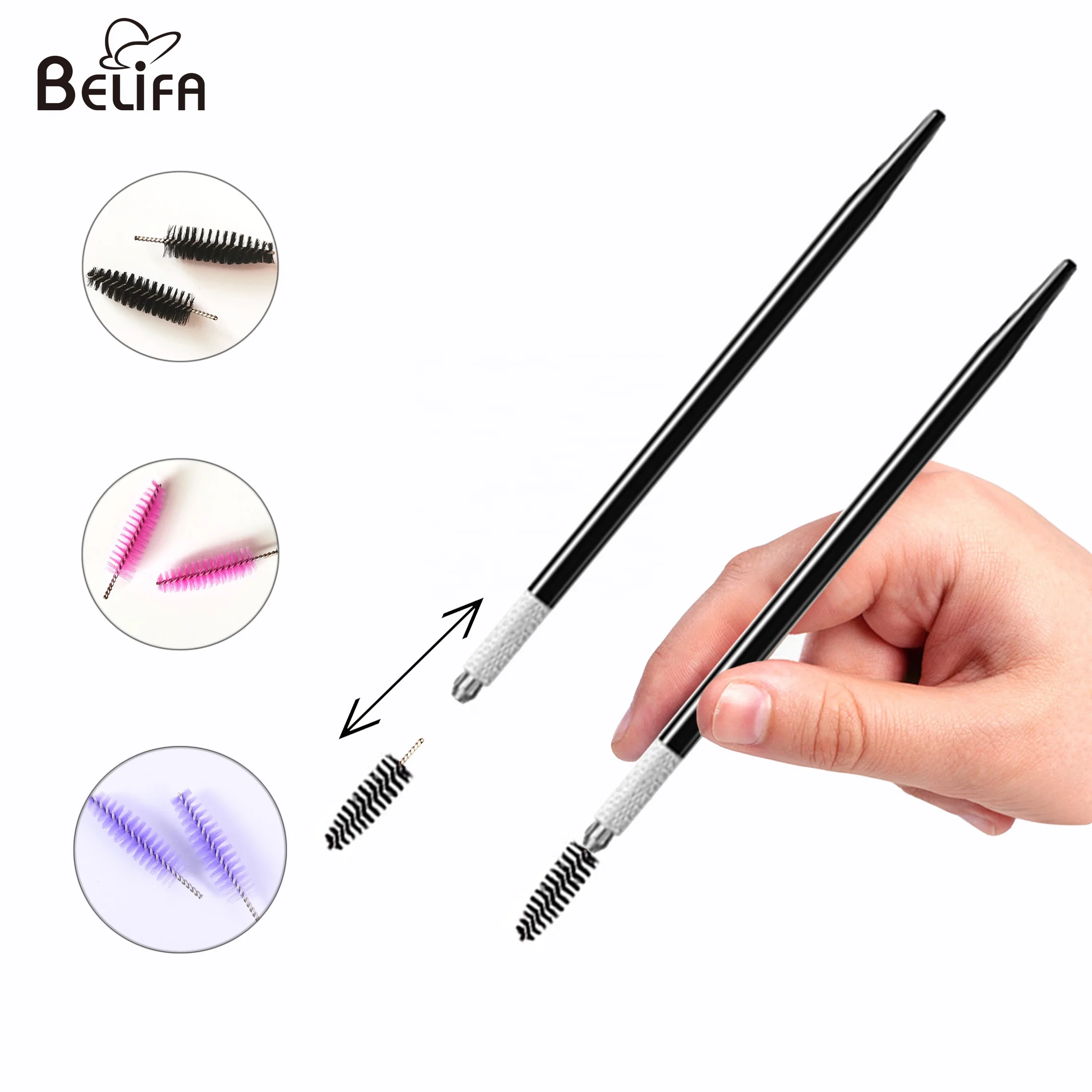 Belifa replaceable disposable mascara  brush head metal handle reusable eyebrow spoolie brush lash extension eyelash brush