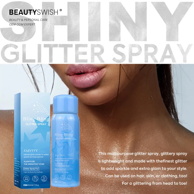 Free Sample OEM Private Label Vegan Highlighter Shiny Long Lasting Face Hair Body Spray Shimmer Party Clothes Glitter Spray