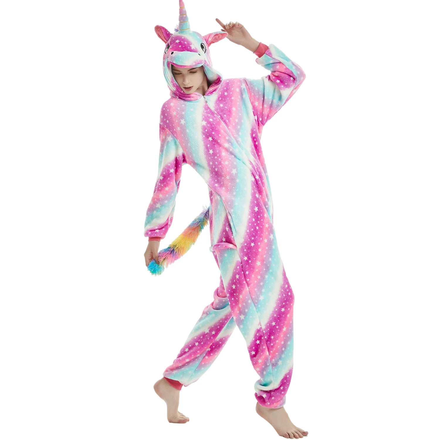 AMZ Unicorn Hot-sell Onesies Animal Pijamas Flannel Fleece Tiger Pajamas Zipper Closure Partywear One-piece