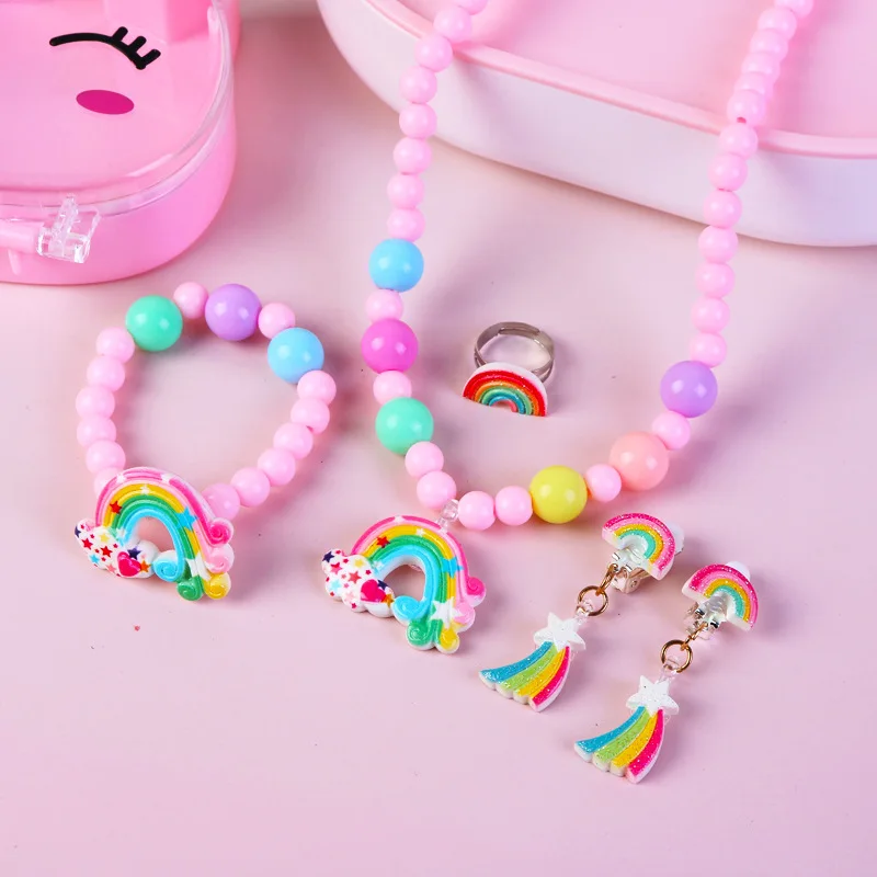 Cute Cartoon Girls Pearl Necklace Jewelry Unicorn Ring Kids Jewelry Box Set Wholesale
