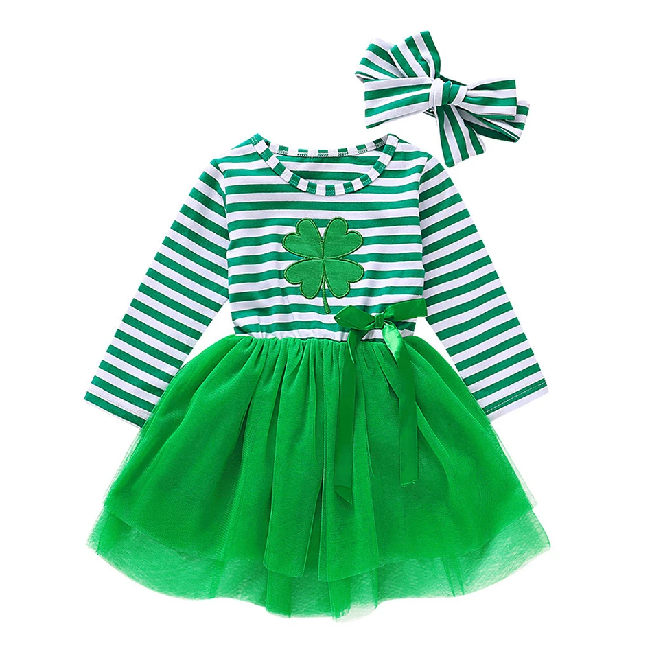 Новинка 2021, детское Повседневное платье на День Св. Патрика, детское Сетчатое платье в полоску с четырехлистным клевером и бантом