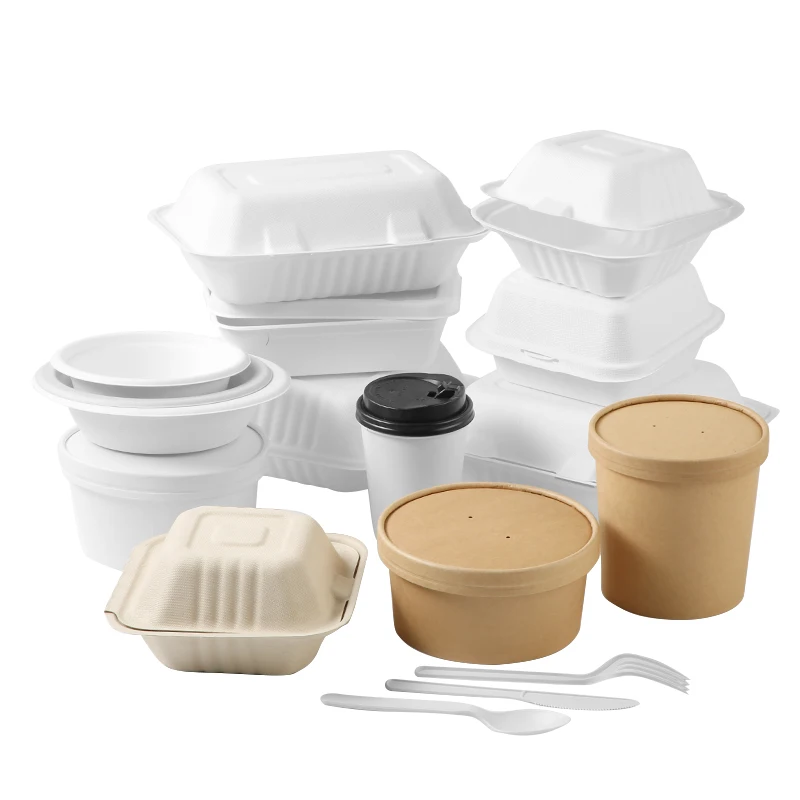 Desechables disposable pulp tableware sugarcane bagasse clamshell to go container with lid