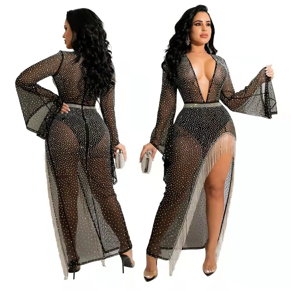 2022 Women Party Dress Perspective Deep v-Neck Skirt Drilling Sexy Rhinestone Fringe Slit Tassel Evening Dress 3XL