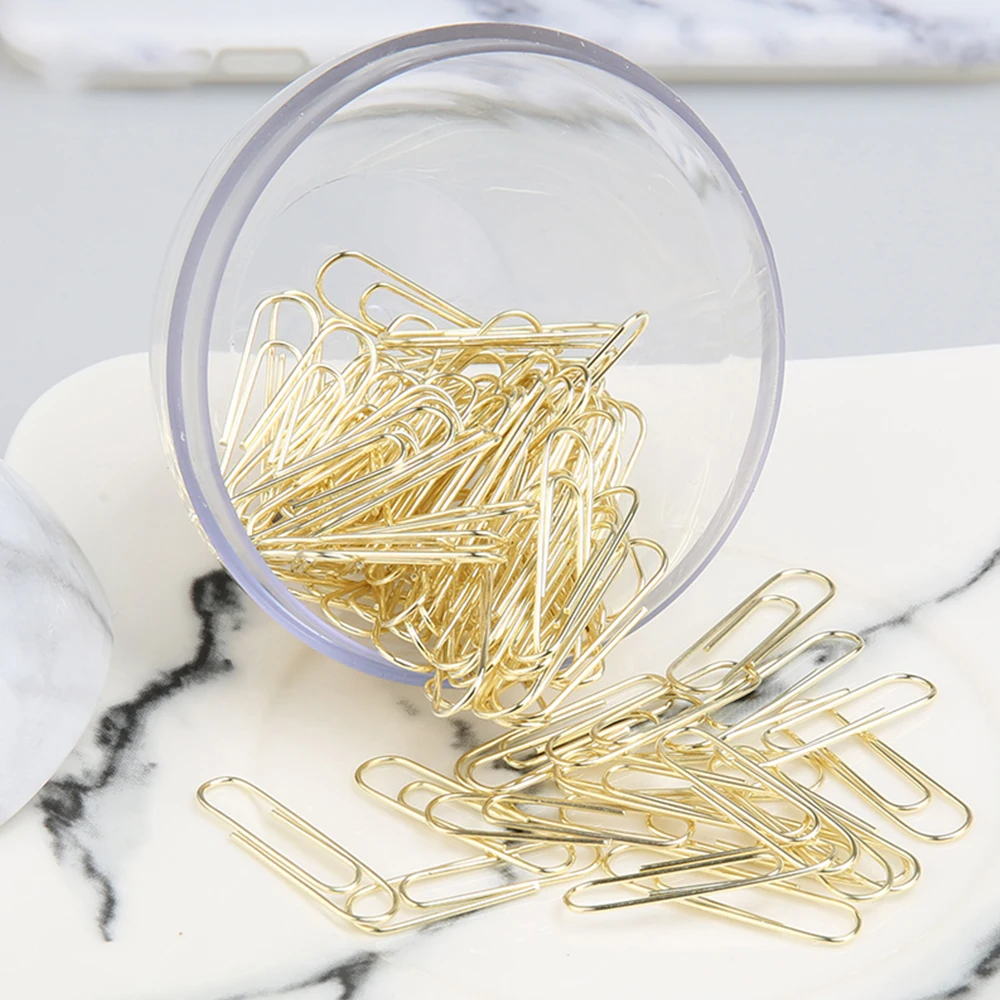 Gold Paper Clips in Elegant Magnetic Marble White Clip Holder, 28mm, 100 Clips per Box