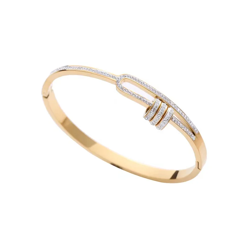 Elegant fashion geometric circle with diamonds titanium steel bracelet high sense of personality with diamonds stripes bracelet
