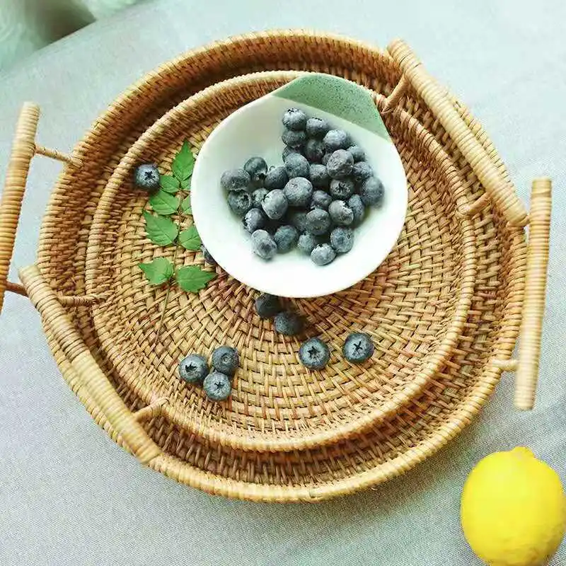 Eco-Friendly Round Shape Woven Rattan Bread Tray Basket With Handles