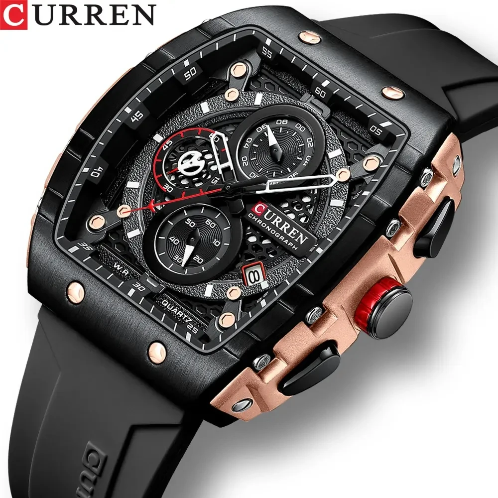 CURREN 8442 Business Fashion Sports Luxury Watches Large Dial Unique Tonneau Case Auto Date Hollow Design Quartz Wristwatches