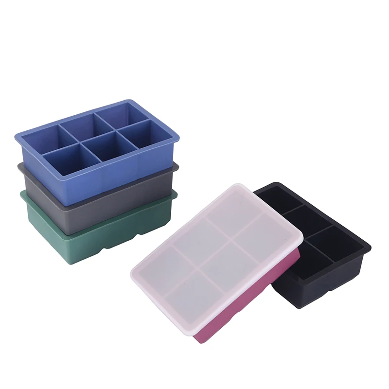 OEM custom color 6 cavity silicone ice cube tray large size ice maker hold silicon ice cube tray with cover