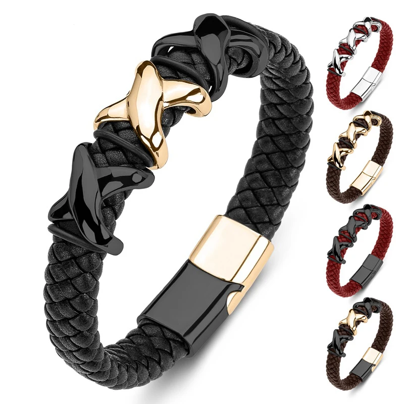 fashion vintage punk stainless steel gold x braided magnetic clasp for red black leathers bracelets