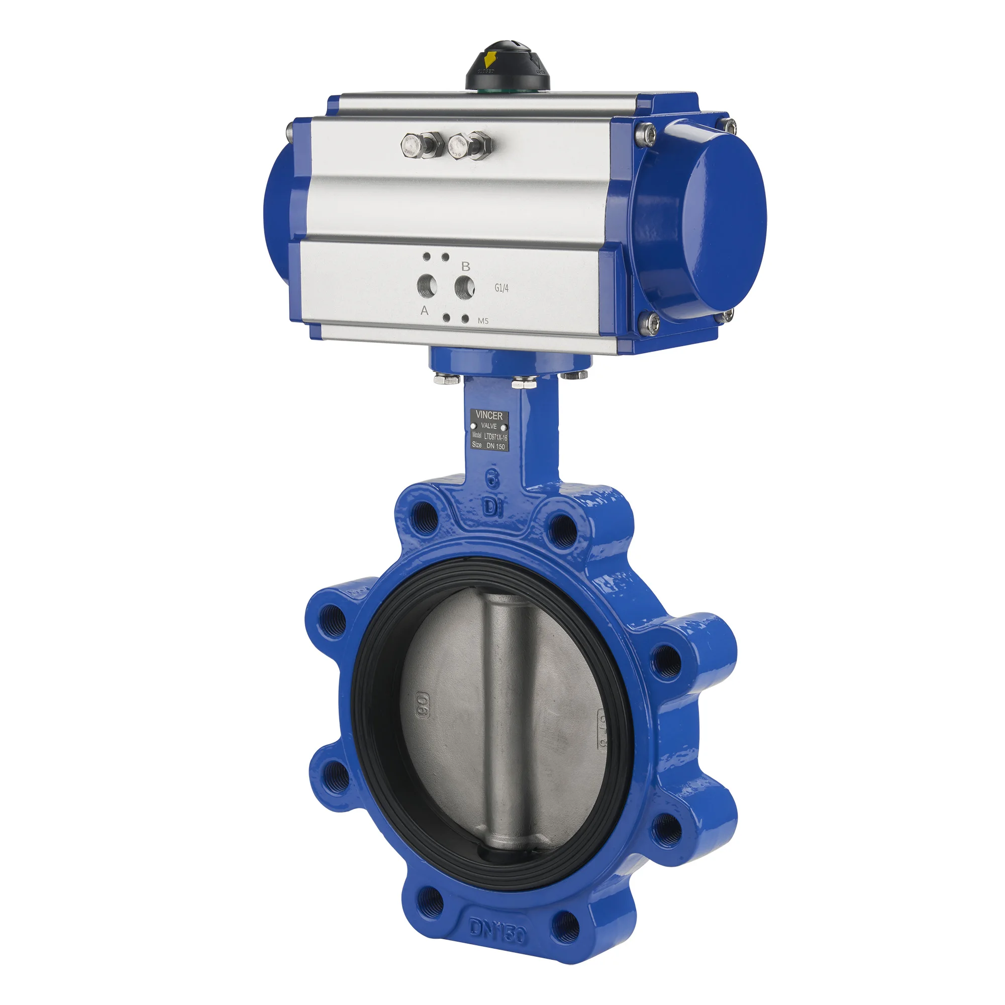 VINCER Size 4 inch DN 100 stainless steel body ptfe seat lug type butterfly valve with pneumatic control
