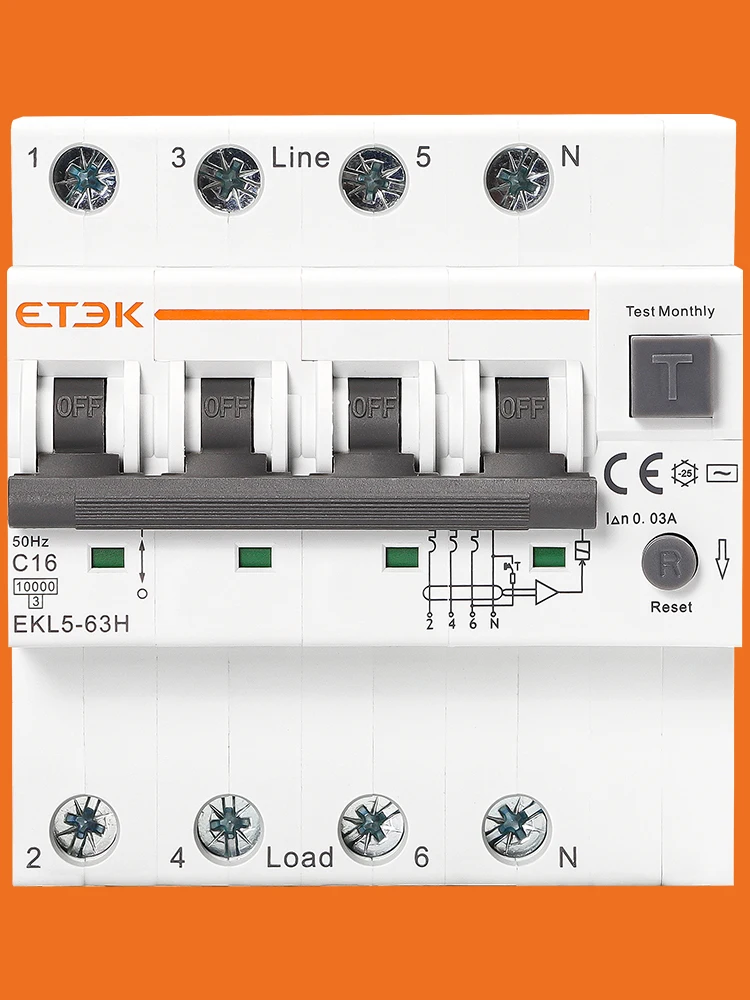 ETEK 4 poles rcbo 16A TPN AC Type C Curve 4P RCBO breaker 30mA tripping Curve C rcbo circuit breaker uk