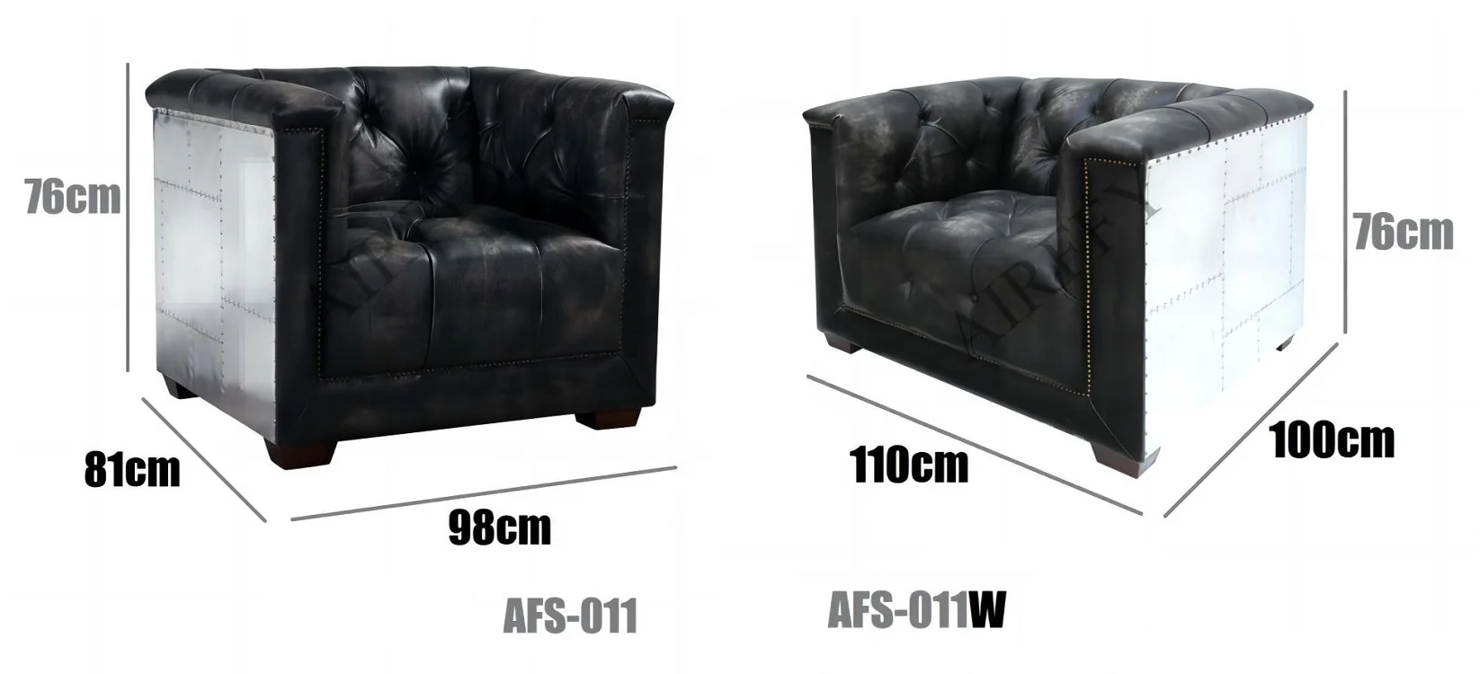 Vintage Antique Aluminum Covered Aviation Club Black Genuine Leather Chesterfield Sofa Set Furniture