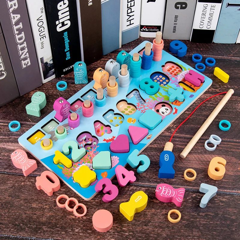 fishing wooden toy juguetes de madera montessori number letter puzzle math cross children toys  puzzle game magnetic blocks toy