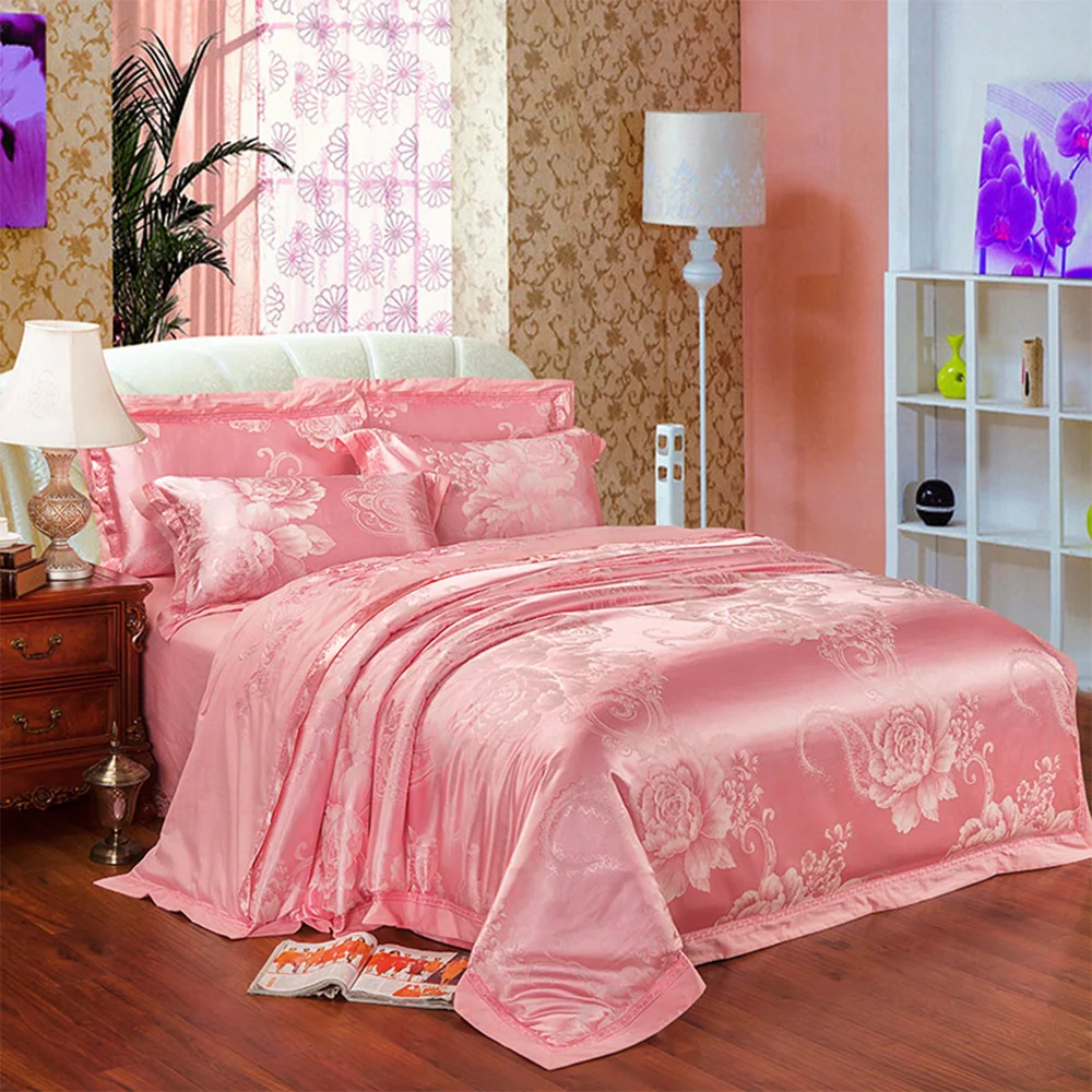 Smooth 40S 4-piece Quilt Cover Embroidery Edge Pink Luxury Bed Linen Cotton Sheet Bedding Set