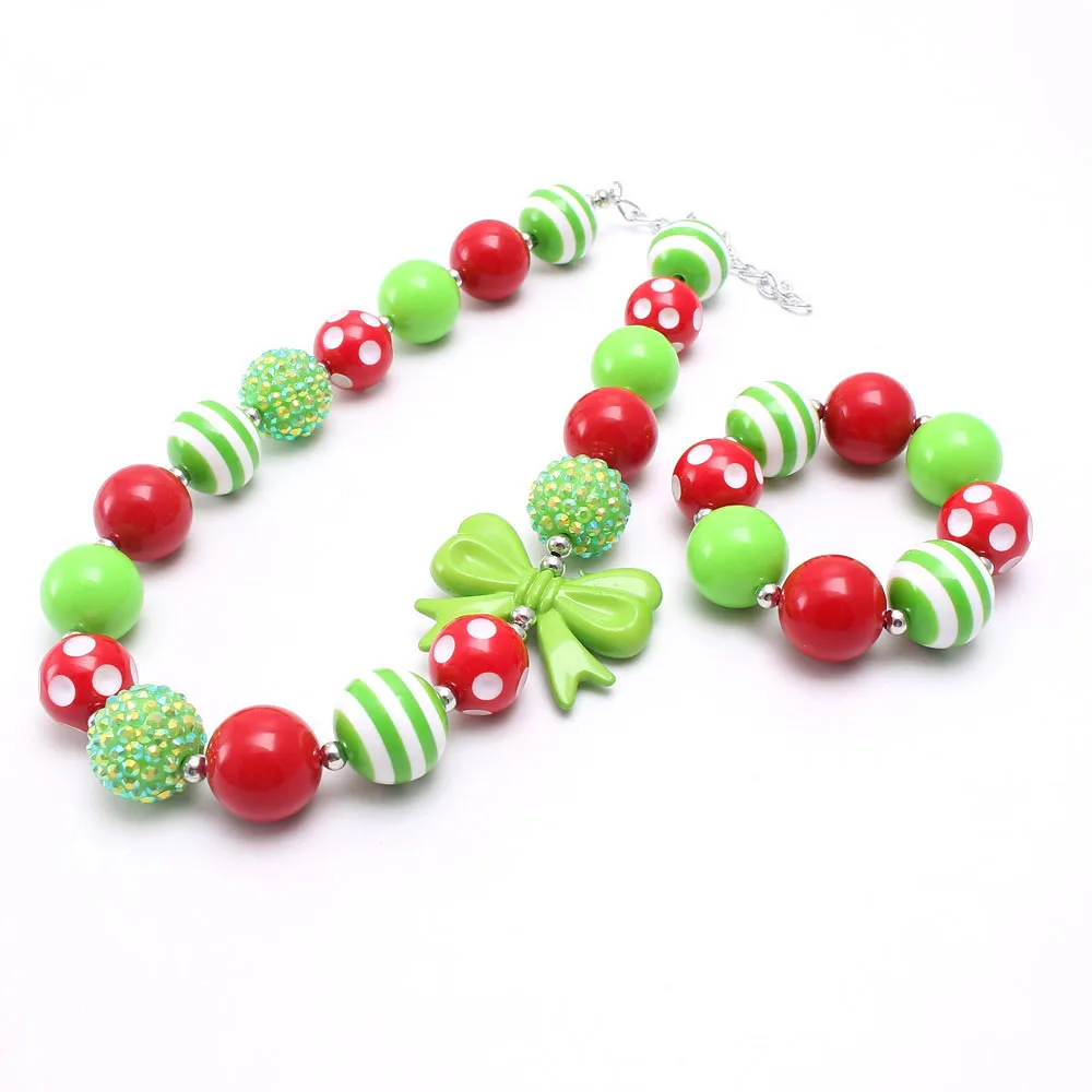 Dress Up Jewelry for Little Girls Kids Necklaces Fashion Girls Chunky Beads Necklace and Bracelet Set Red Green With Diamond