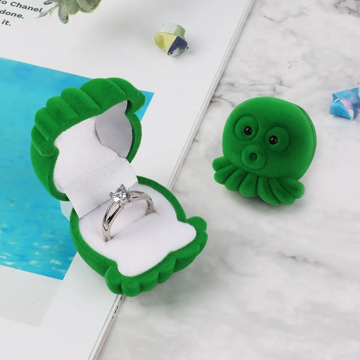 Olai Cartoon Cute Octopus Velvet Ring Box Earring Box Flocking Wedding Proposal Ring Jewelry Gift Packaging Box