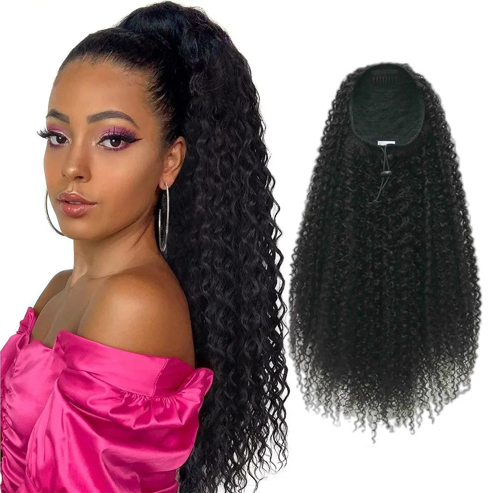 Novelties 23 Inch Pony Tail Kinky Curly Hairpiece For Black Women Drawstring Ponytail Extensions Synthetic Curl Hair Attachments