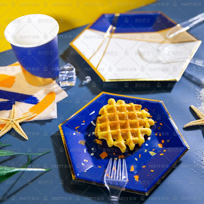 Partybus Fashionable Disposable Bio-degradable Hexagonal Blue Party Paper Plates