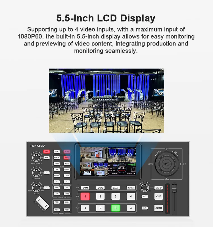 Professional 4 channels mixer switcher live streaming black magic video 5.5 inch FHD LCD screen PTZ control video switcher