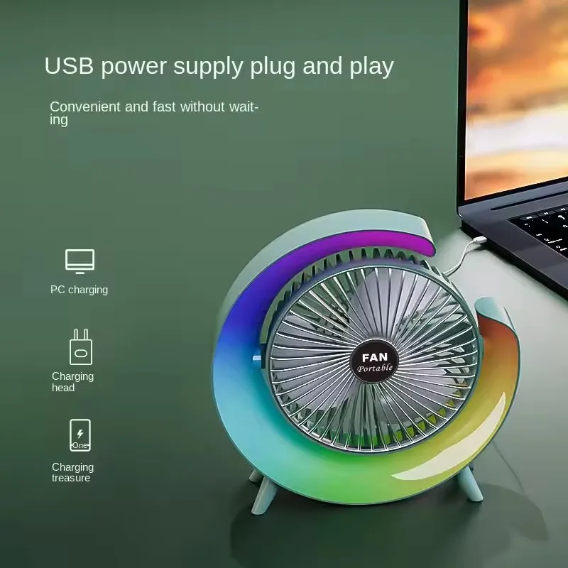 G Shape RGB Colorful LED Night Light Desktop Fan USB Rechargeable Home Portable Air Circulation Electric Portable Fan