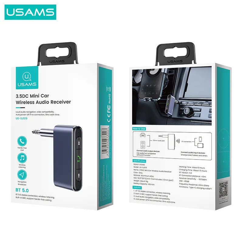 USAMS SJ519 Mini Audio Adapter Headphone Wireless AUX 3.5DC For Car Music Wireless Bluetooth Audio Receiver