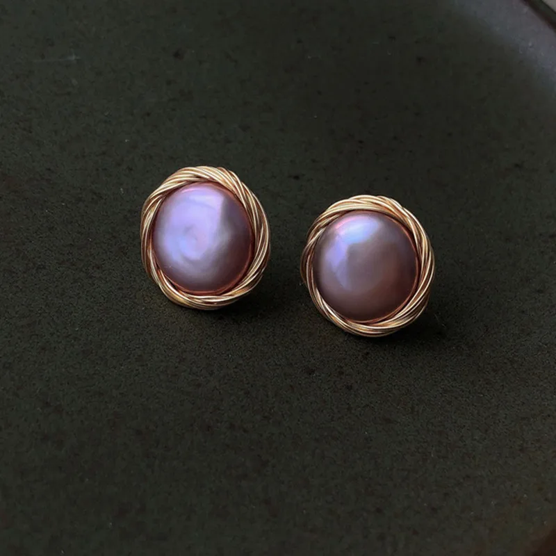 Gold 12-14 mm AAA baroque coin flat freshwater cultured pearl design earrings
