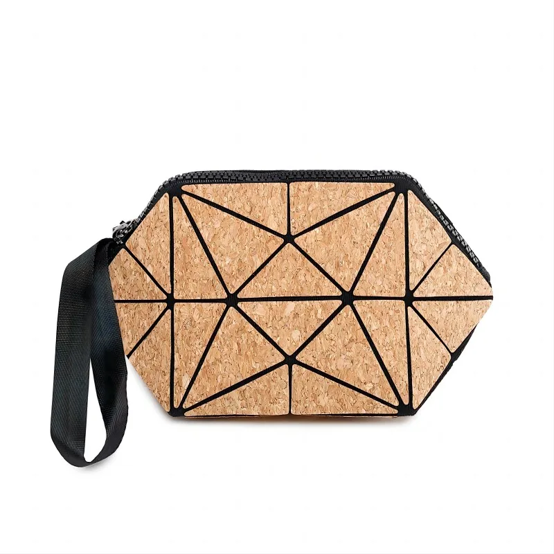 2024 Europe Hot Selling Latest High Quality Cork Cosmetic Makeup Bag and Fashion  Coin Wallet Geometric Pouch Makeup for Women