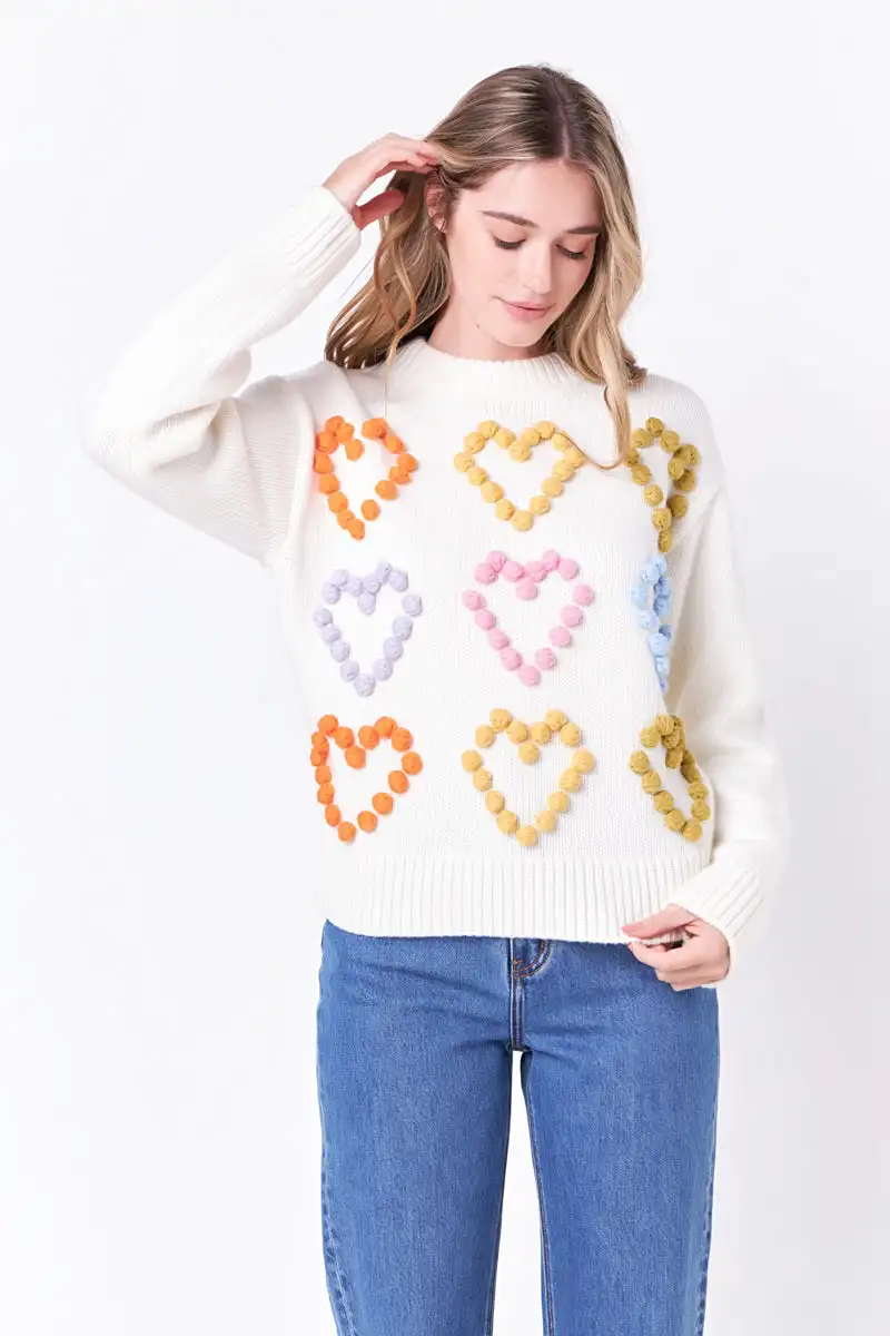 WINGTU Custom Private Label 3D Flower V Neck Pearl Pompom Heart Pattern Mock Sweater For Women