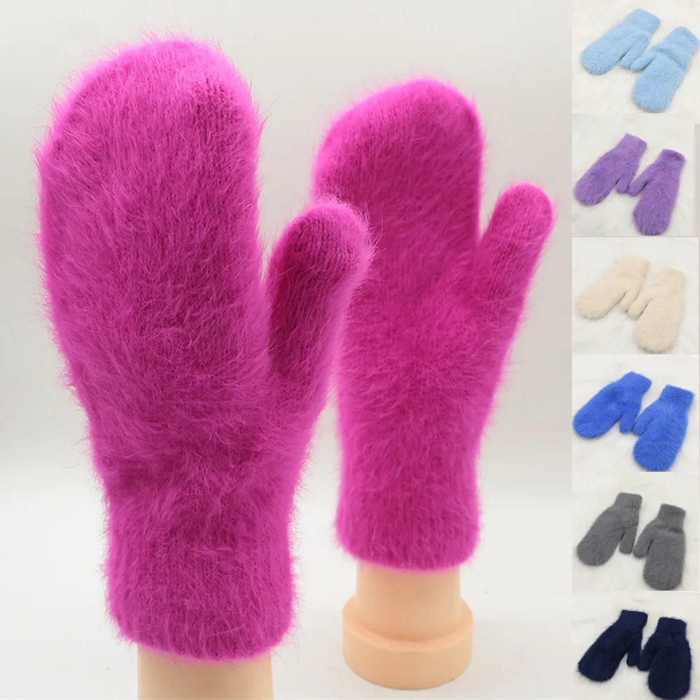 Women Ladies Solid Winter Fuzzy Rabbit Hair Blended Knitted Mittens White Hot Pink Warm Thick Warm Outdoor Mitts Gloves