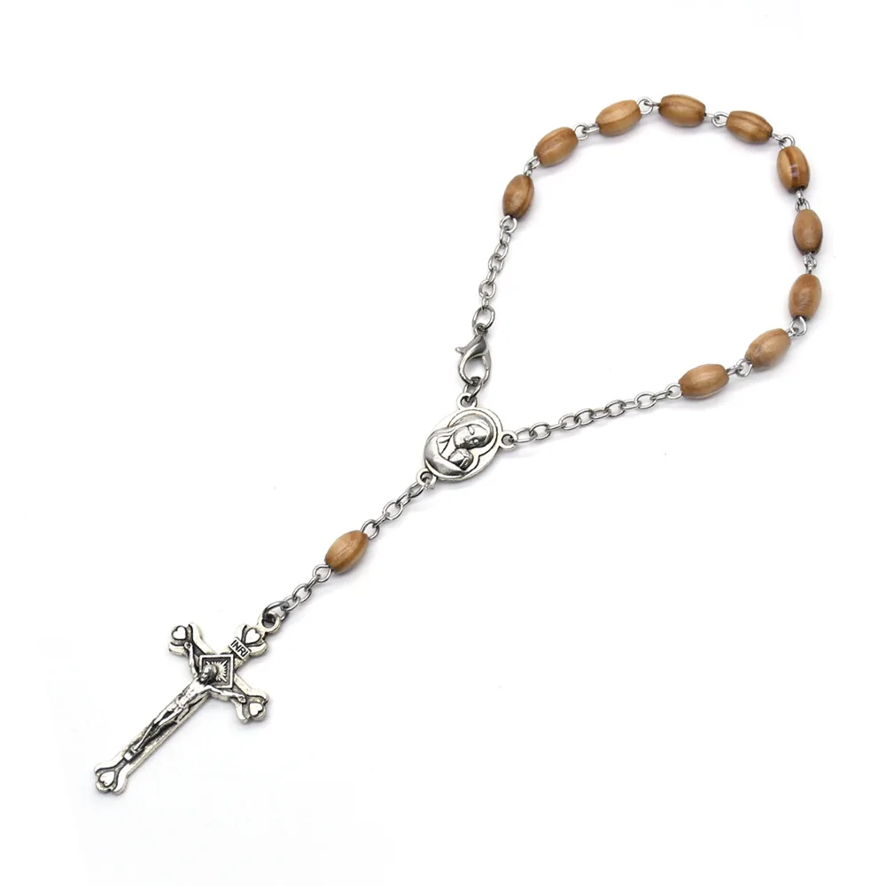 Handmade Wooden Beads Mini Catholic Rosary Bracelets Crucifix Cross Prayer Beads For Baptism Christening Party