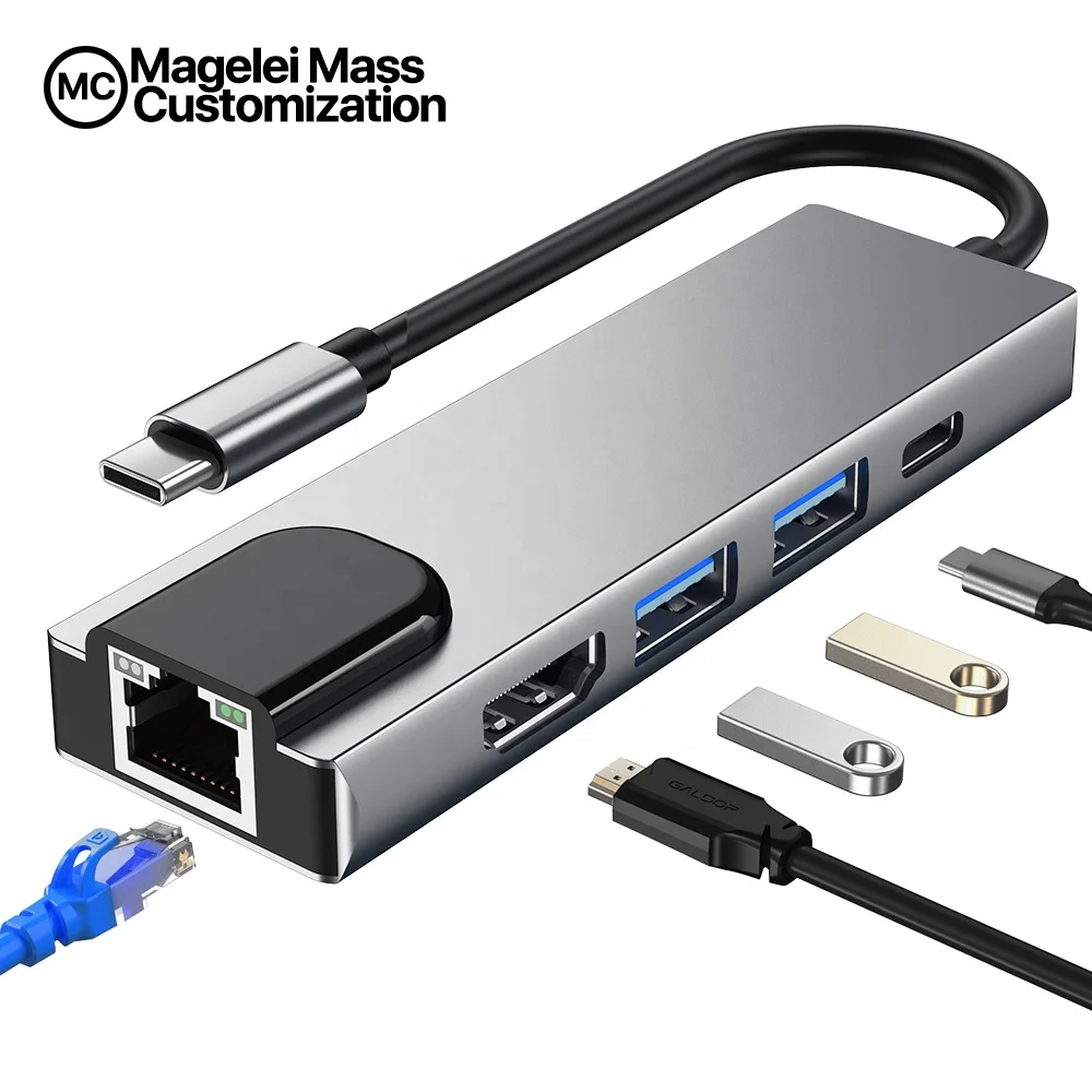 Promote 5 In 1 Type C To USB2.0 Usb3.0 HDMI PD RJ45 Ethernet Usb Docking Station 5 Port USB C 2 Usb 3.0 porn Type C Hub