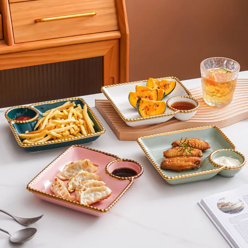 factory directly supply white with gold bead ceramic serving  plate  for breakfast kitchen home