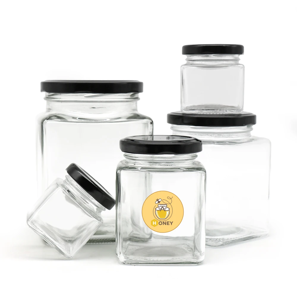Hot Selling 150ml 200ml 280ml 380ml 500ml 730ml Square Honey Glass Jar Food Srotage Jar