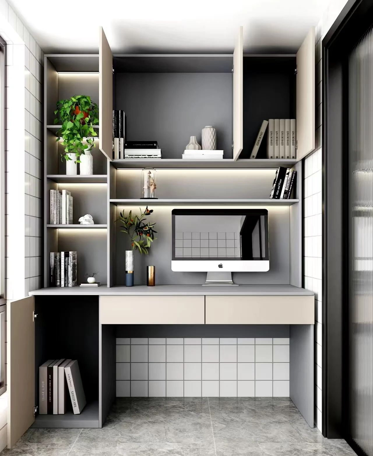 Modern Multi-Functional Wooden Computer Desk with Bookcases for Saving Space in Bedrooms Apartments Restaurants Hotels