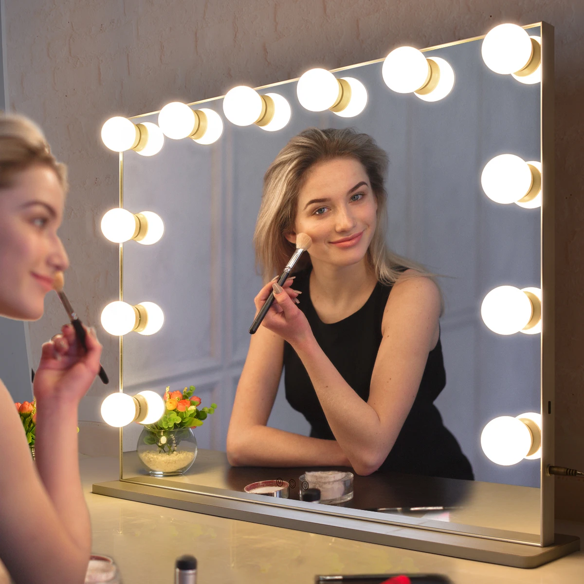 Large Frameless Clear Glass Hollywood Lighted Vanity Makeup Mirror with led light Bulbs have USB charger