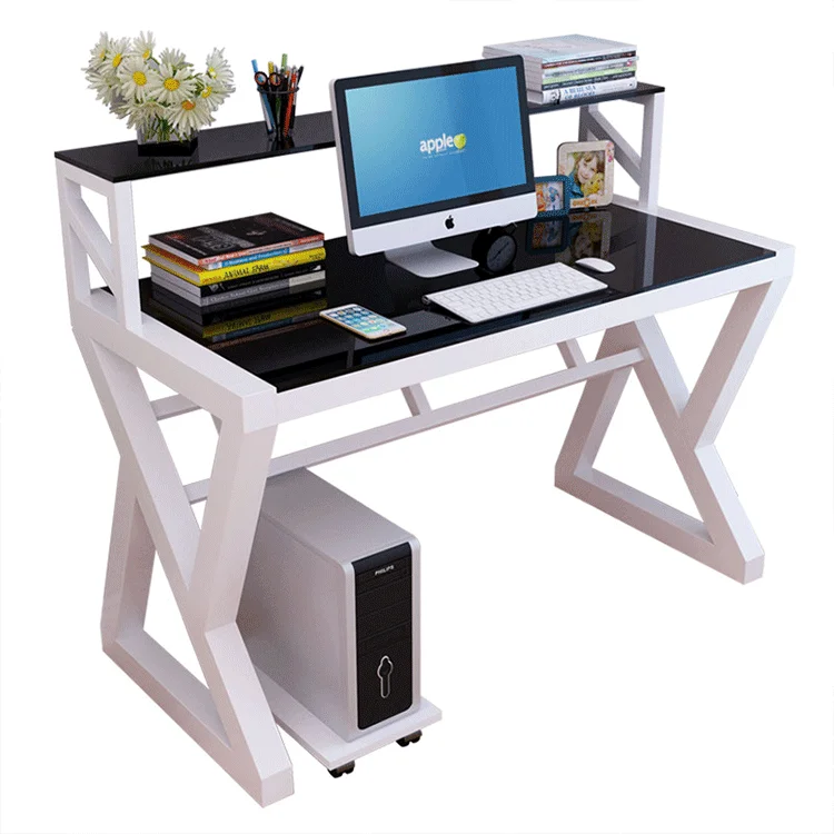 2021 modern simple Tempered glass table top writing escritorio pc laptop study tables computer desk with bookshelves