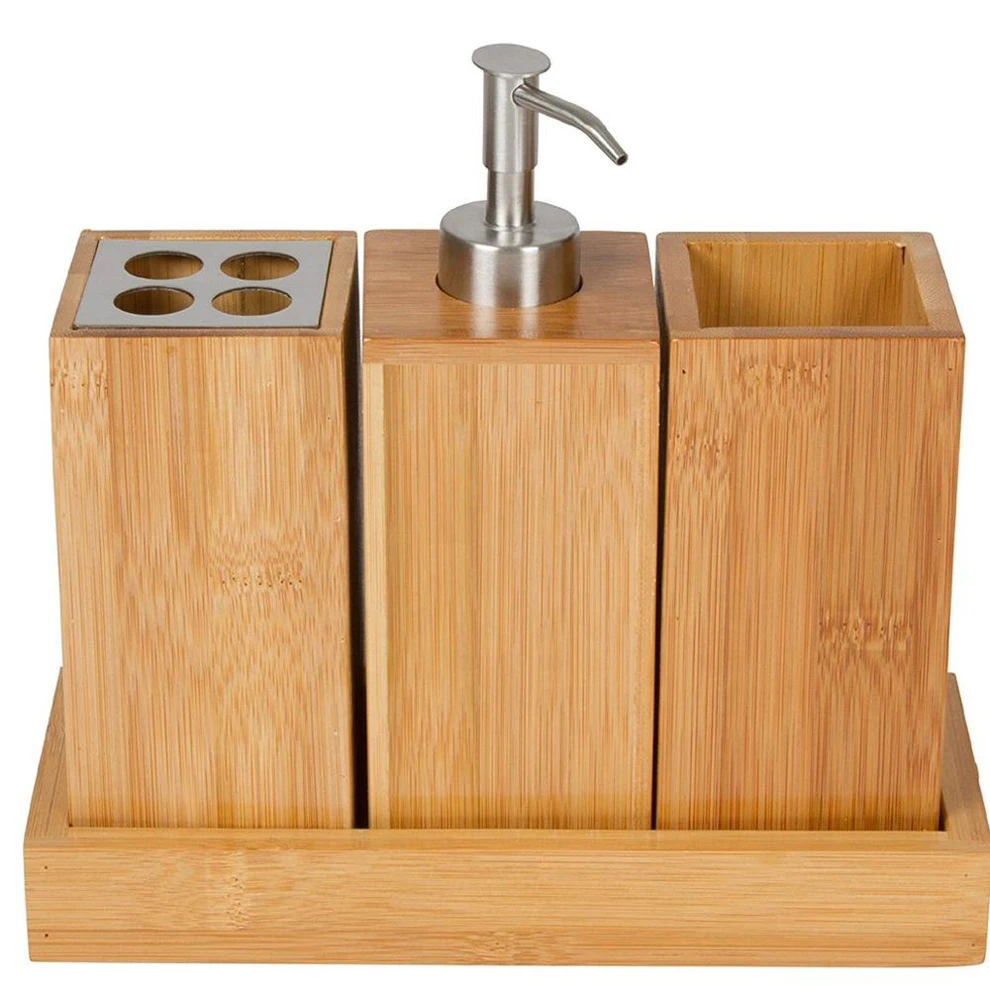 Custom Bamboo Package Hand Sanitizer Bottle Soap Box Toothbrush Cup Towel Tray Green Wash Kit in Bathroom
