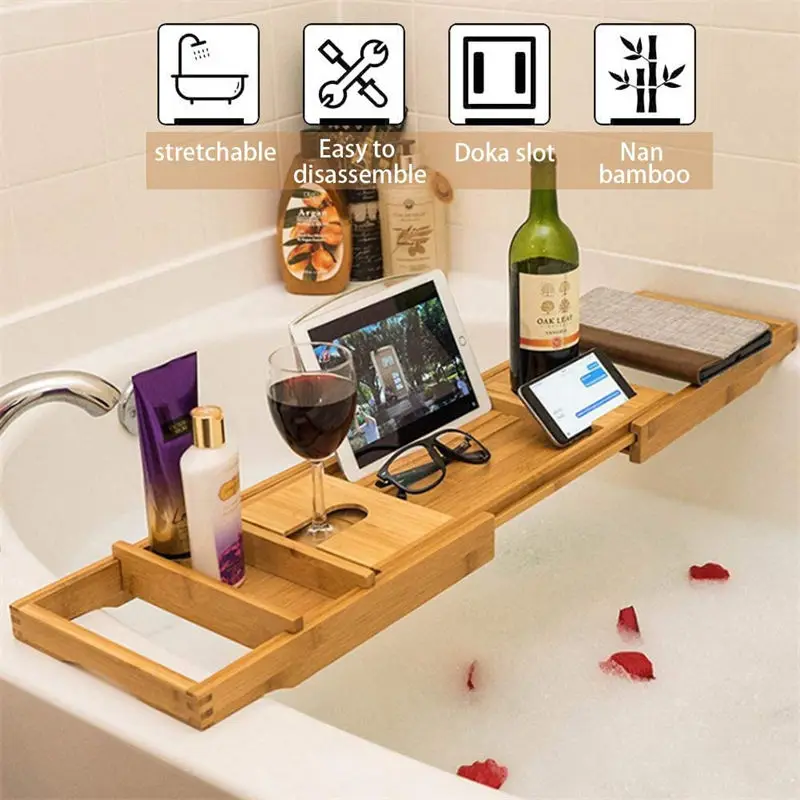 Vietnam Factory Bamboo Expandable Wholesale Live Edge Bath Caddy with Cellphone Ipad Book Stand and Wine Glass Holder