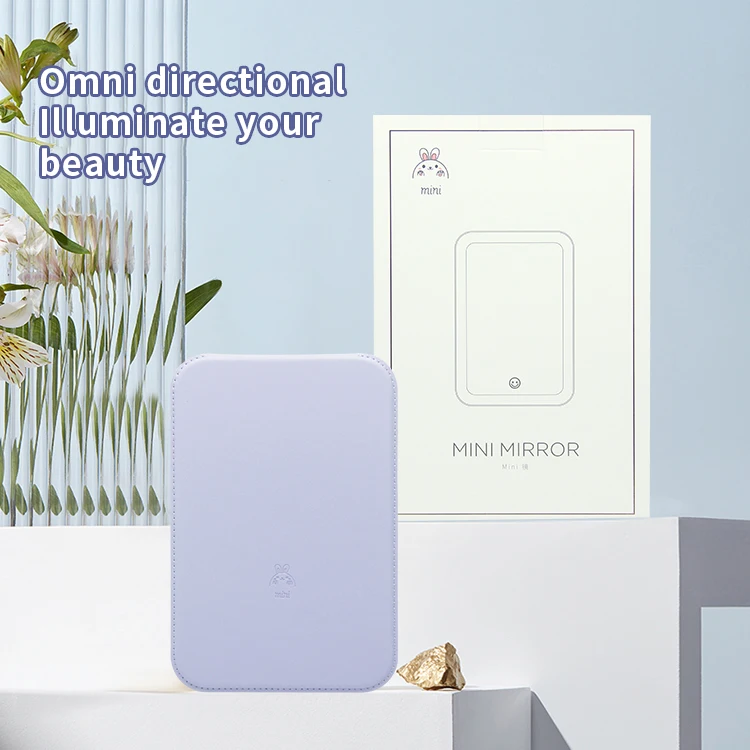 Unbreakable Stainless Steel Rectangular Tiny Pu Frame Handheld Pocket Makeup Mirror With Led Light