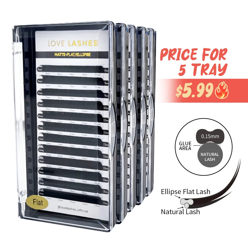 Wholesale 5 Trays Pack Super Hot Sale Flat Lashes Mink Extensions Cashmere Flat Individual Lash Ellipse Flat Eyelash Extensions