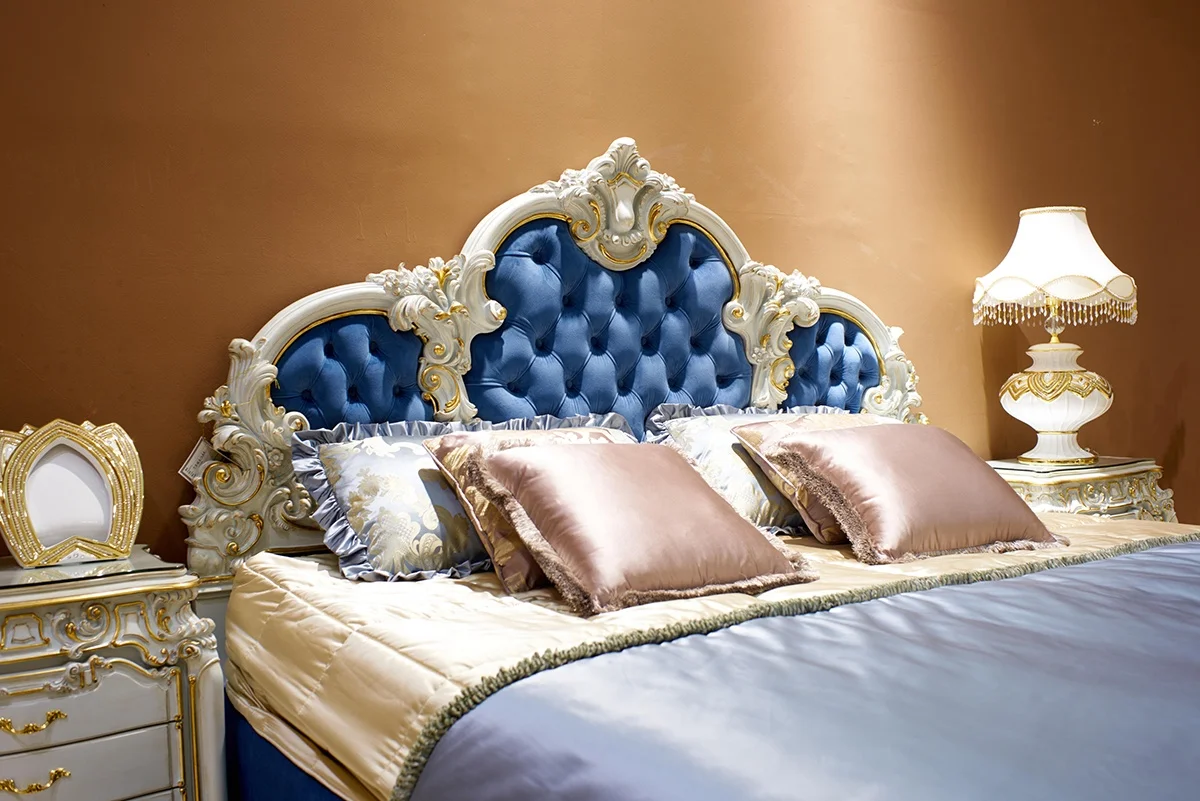 Royal luxury designs wooden french cream white rococo bedroom